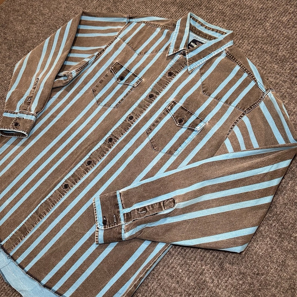 Vintage Wrangler Brushpopper Shirt Mens XL 17-17.5 Black W/Neon Blue Strips
